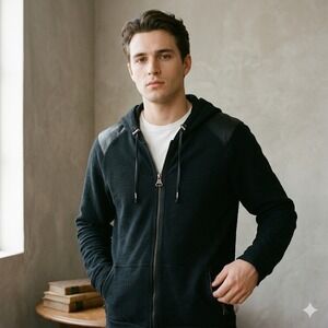 Lanvin Full Zip Hoodie Mens XL Black Leather Patch Full Zip Textured Luxury‎